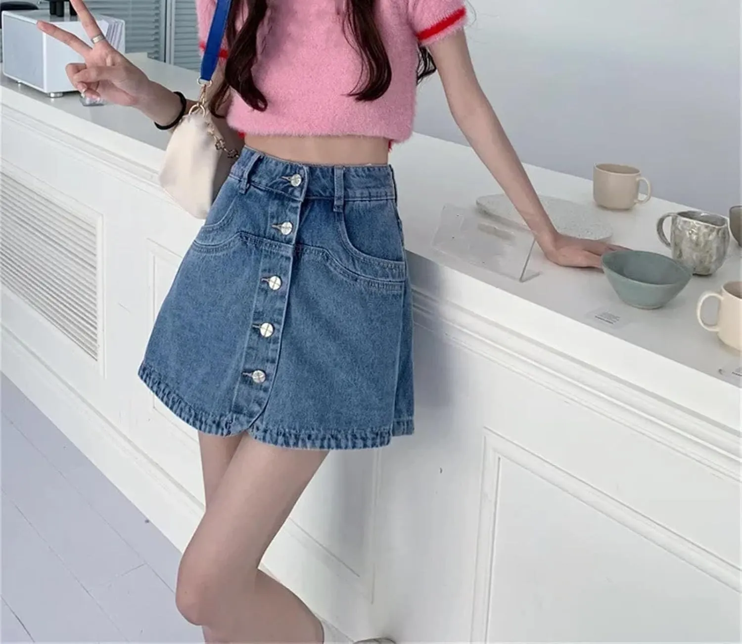 Women's High Waisted A- Line Denim Skirt Summer Casual Vintage Stretch Jean Skirt