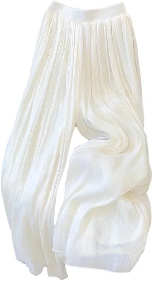 Women's High Waisted Flowy Palazzo Pants Pleated Wide Leg Baggy Long Pants Chiffon Trousers
