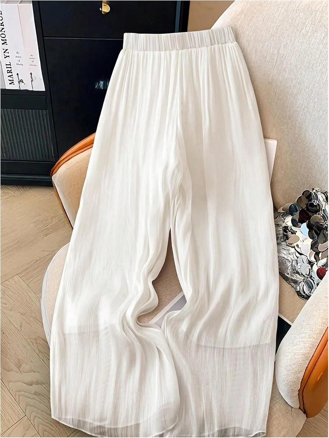Women's High Waisted Flowy Palazzo Pants Pleated Wide Leg Baggy Long Pants Chiffon Trousers