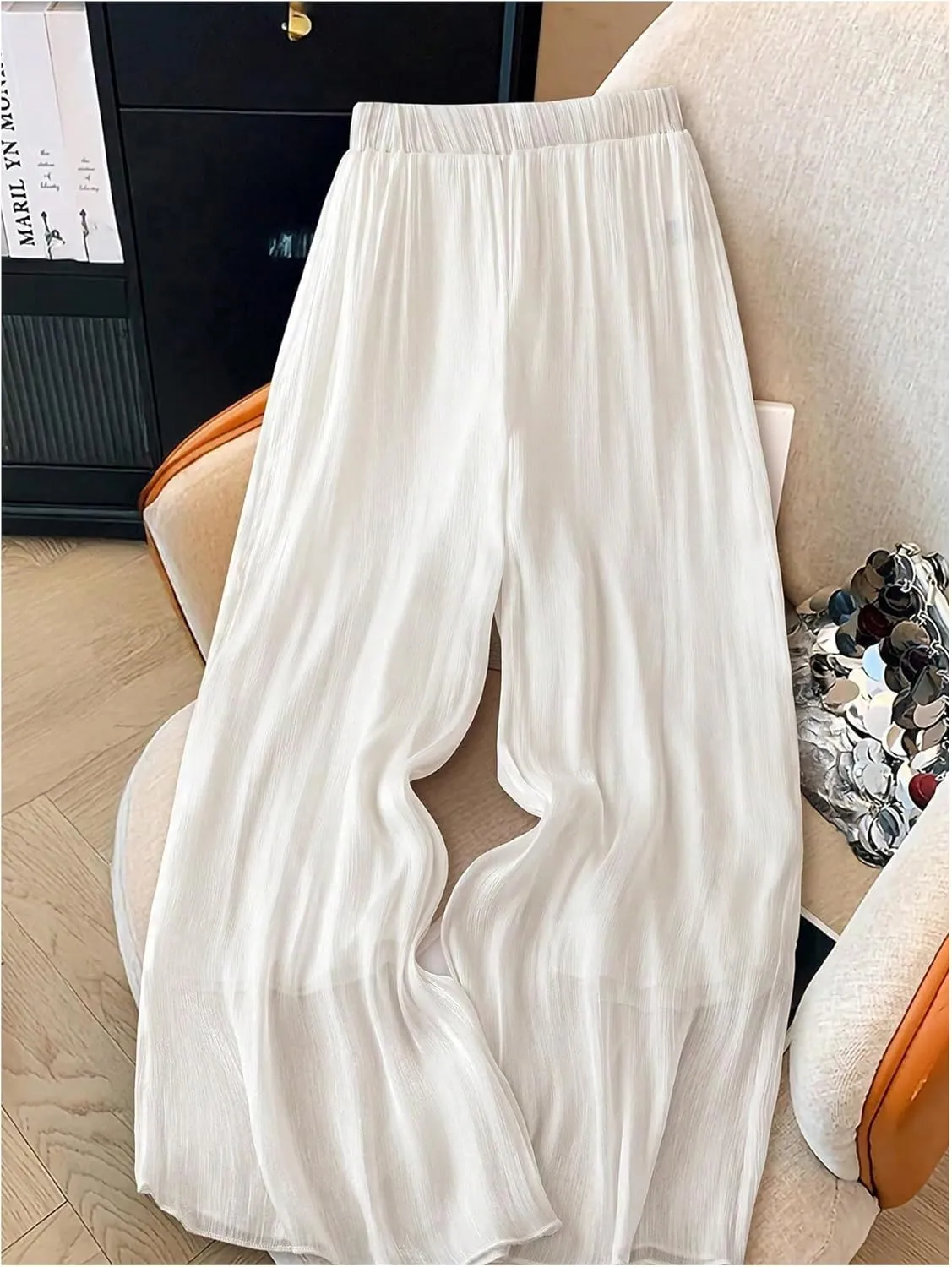 Women's High Waisted Flowy Palazzo Pants Pleated Wide Leg Baggy Long Pants Chiffon Trousers