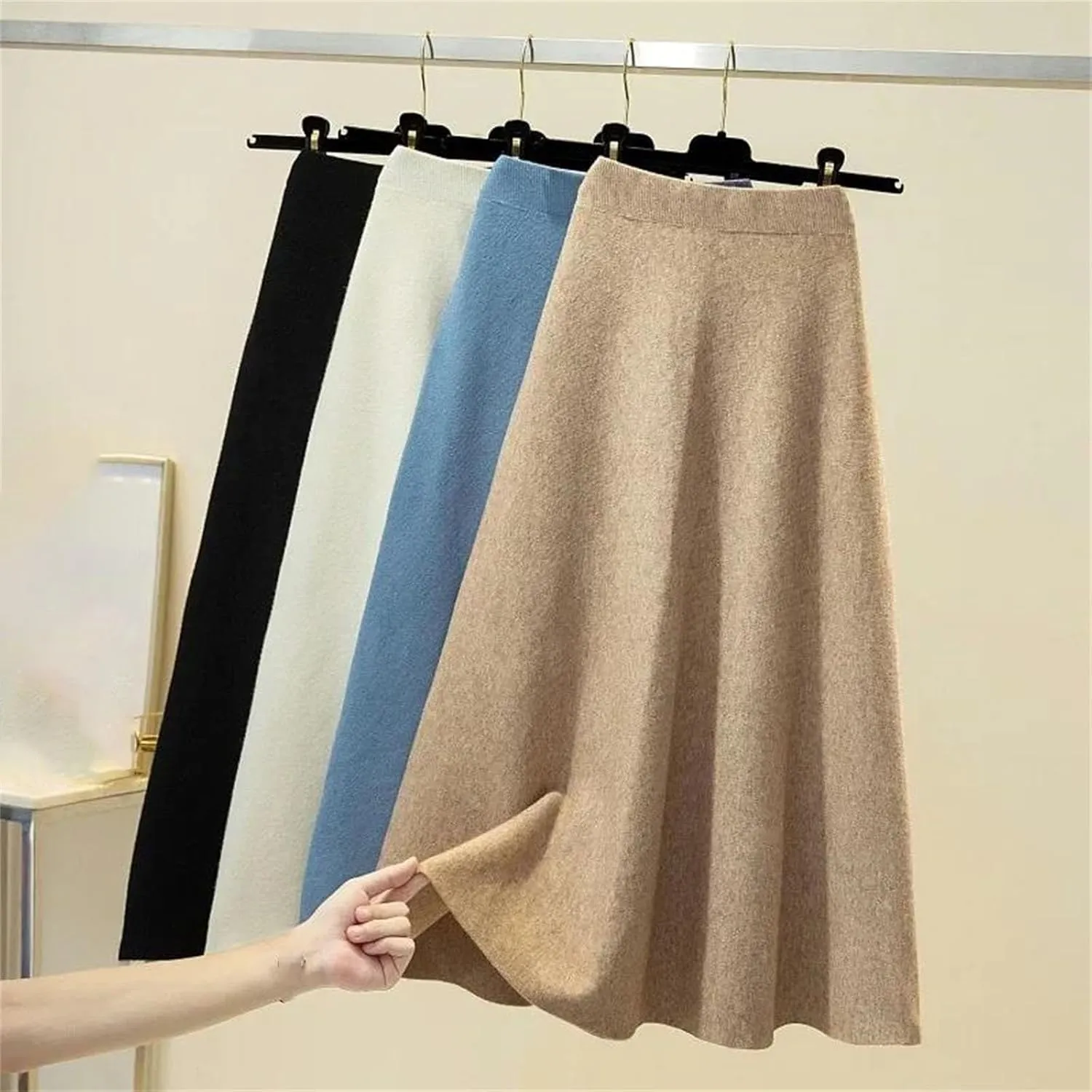 Women's High-Waisted Medium-Length Knit Skirt Wide Pleated A- Line Skirts Pleated Knit Midi Skirts