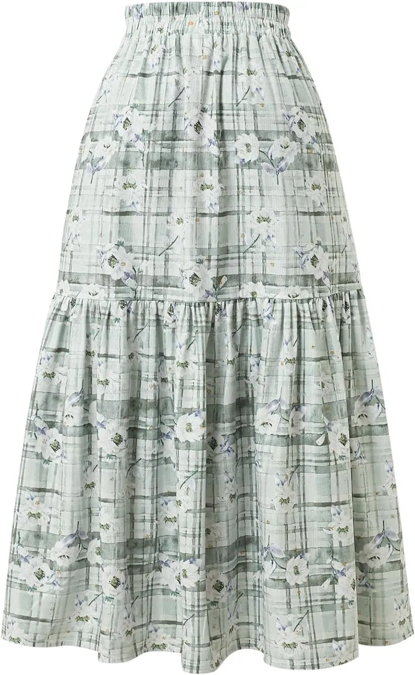 Women's High-Waisted Printed Skirt Elasticated Waist Autumn-Winter Skirt with Pockets and Pleated MIDI Skirt