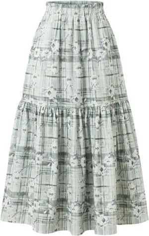 Women's High-Waisted Printed Skirt Elasticated Waist Autumn-Winter Skirt with Pockets and Pleated MIDI Skirt