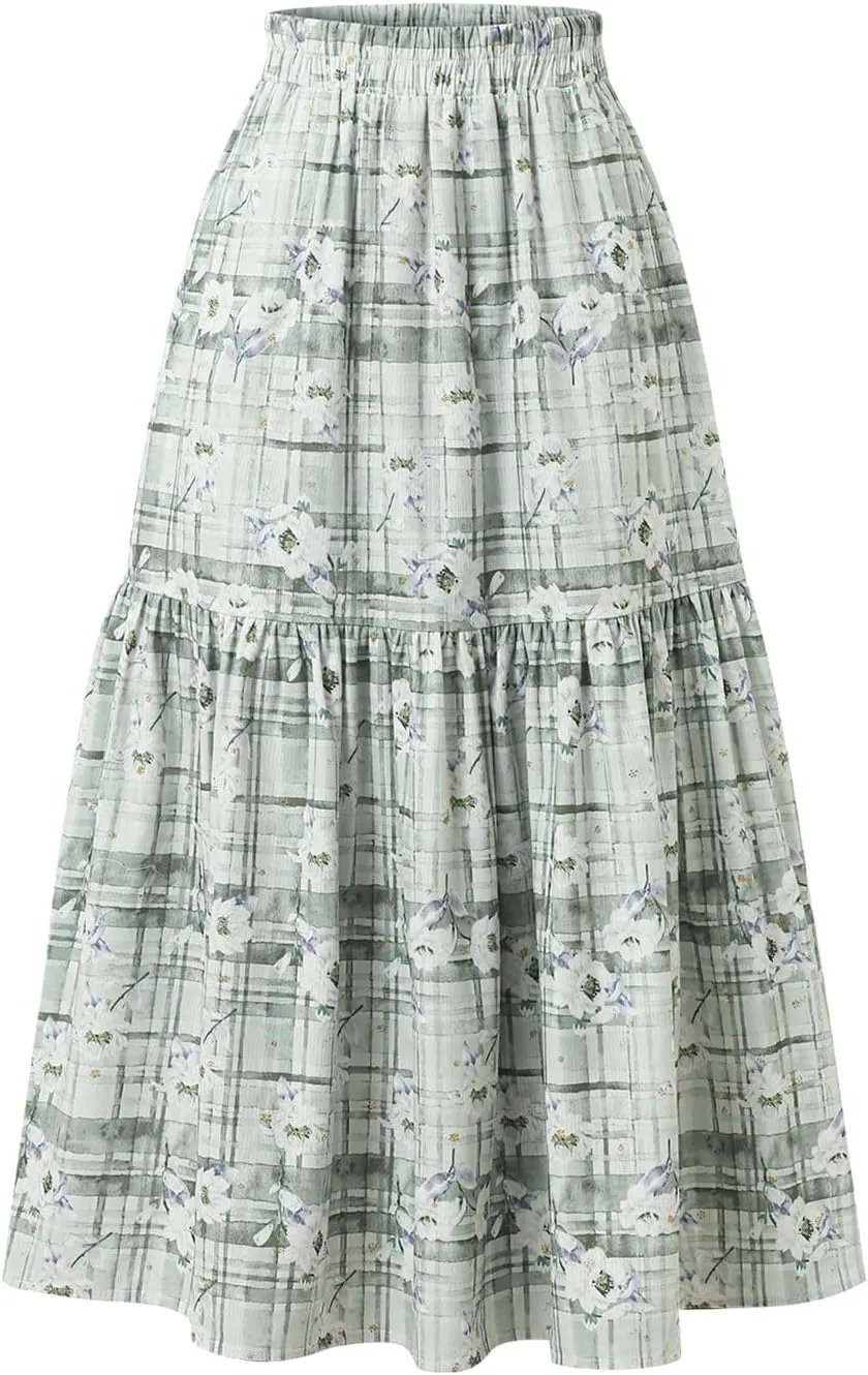 Women's High-Waisted Printed Skirt Elasticated Waist Autumn-Winter Skirt with Pockets and Pleated MIDI Skirt