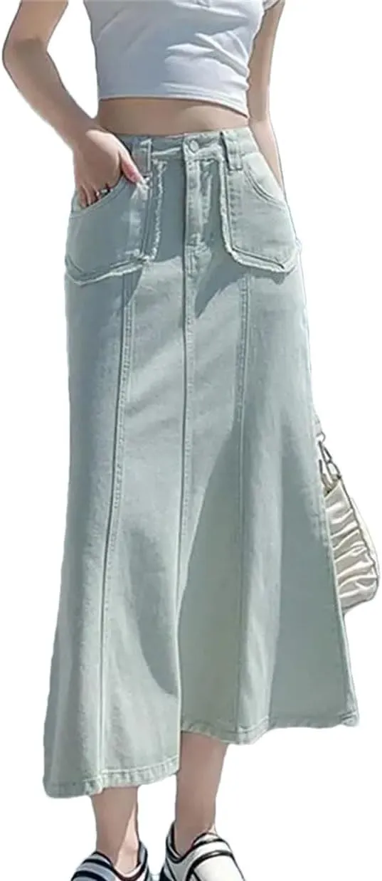 Women's High Waisted Slim Fit Long Denim Skirts Summer Casual Pockets Fashion Mermaid Skirt