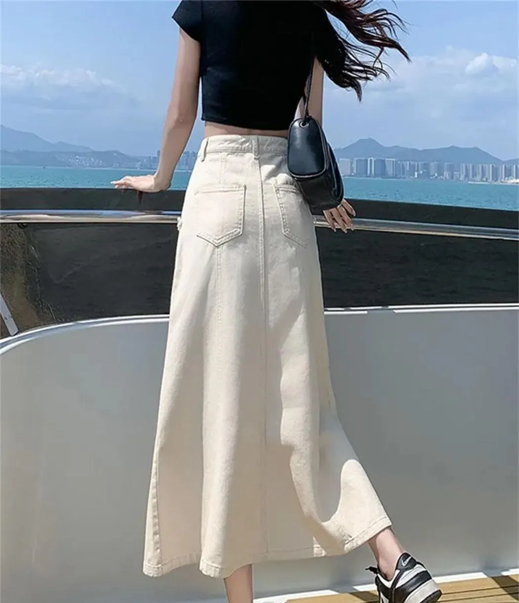 Women's High Waisted Slim Fit Long Denim Skirts Summer Casual Pockets Fashion Mermaid Skirt