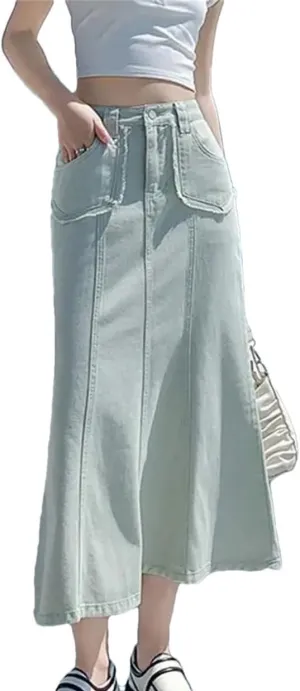 Women's High Waisted Slim Fit Long Denim Skirts Summer Casual Pockets Fashion Mermaid Skirt