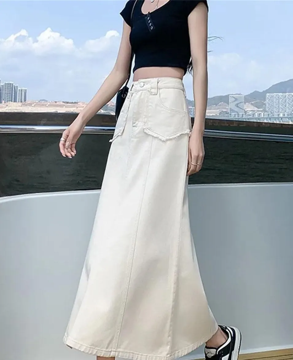 Women's High Waisted Slim Fit Long Denim Skirts Summer Casual Pockets Fashion Mermaid Skirt