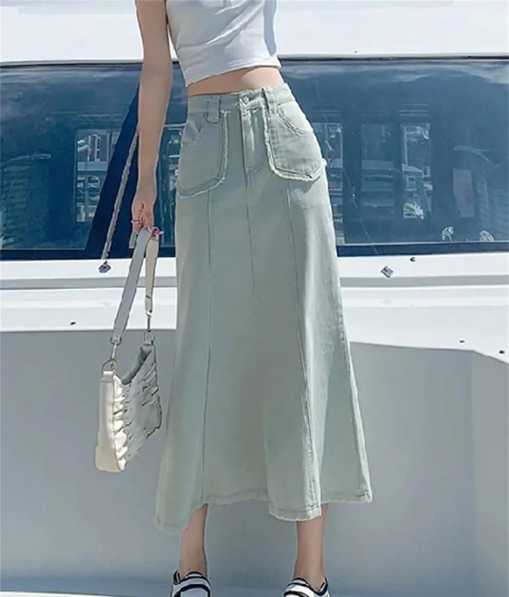 Women's High Waisted Slim Fit Long Denim Skirts Summer Casual Pockets Fashion Mermaid Skirt
