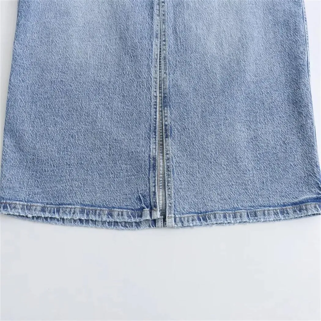 Women's High Waisted Wrap Hip Slim Fit Front Split Denim Skirt 2025 Spring Fashion Pockets Work Midi Skirt