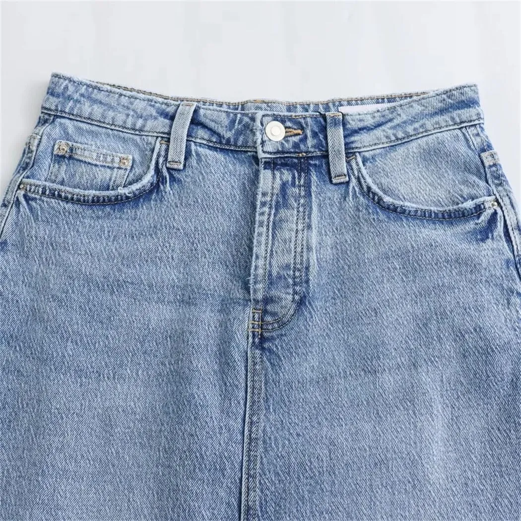 Women's High Waisted Wrap Hip Slim Fit Front Split Denim Skirt 2025 Spring Fashion Pockets Work Midi Skirt