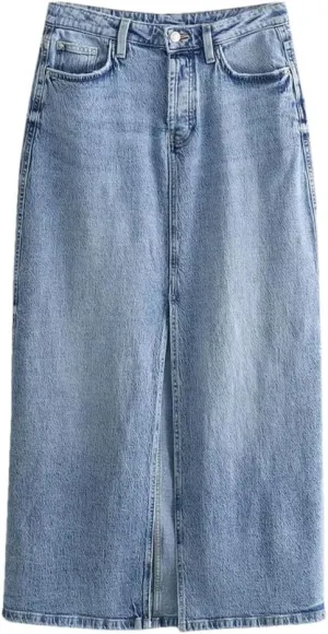 Women's High Waisted Wrap Hip Slim Fit Front Split Denim Skirt 2025 Spring Fashion Pockets Work Midi Skirt