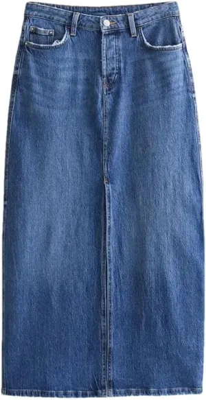 Women's High Waisted Wrap Hip Slim Fit Front Split Denim Skirt 2025 Spring Fashion Pockets Work Midi Skirt