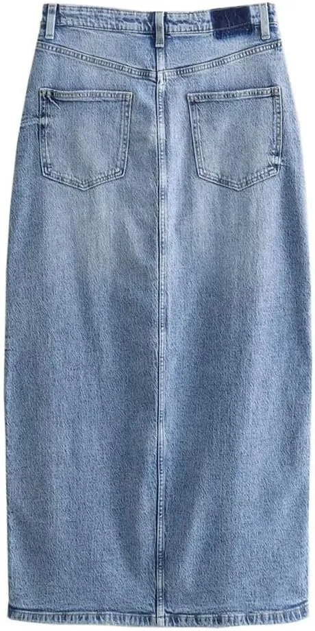 Women's High Waisted Wrap Hip Slim Fit Front Split Denim Skirt 2025 Spring Fashion Pockets Work Midi Skirt