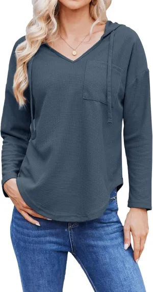 Womens Hoodies Long Sleeve Sweatshirts Pullover Top V Neck Drawstring Shirts With Pocket Loose Casual