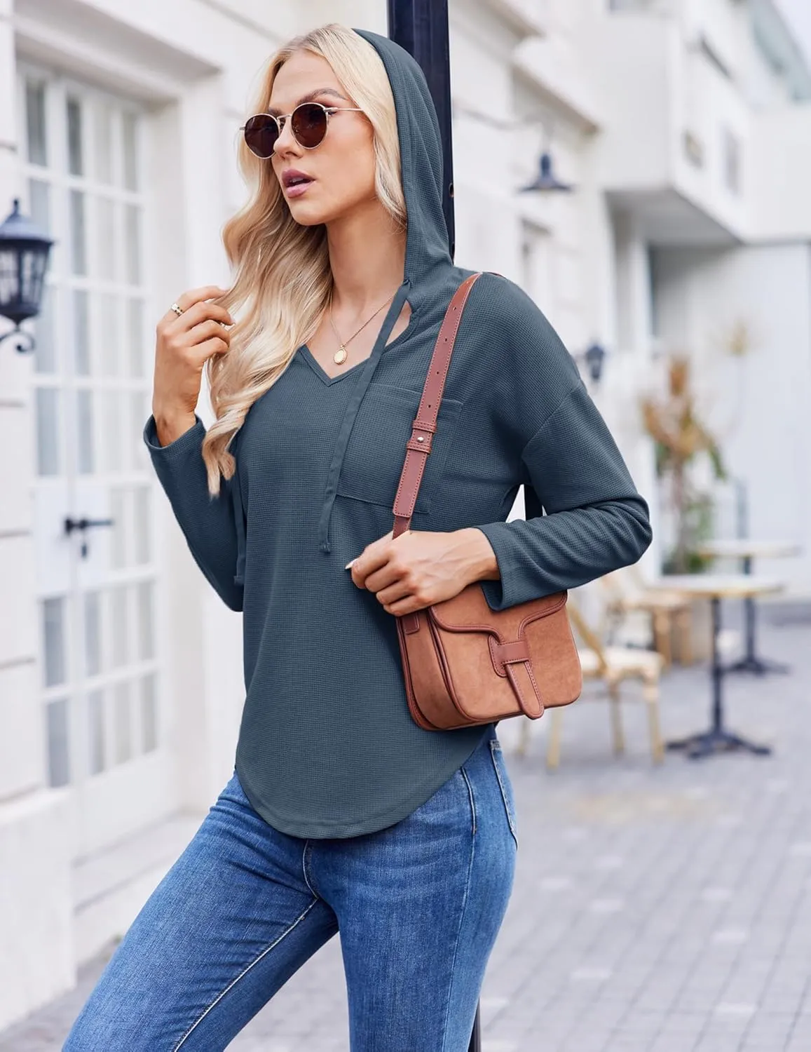 Womens Hoodies Long Sleeve Sweatshirts Pullover Top V Neck Drawstring Shirts With Pocket Loose Casual