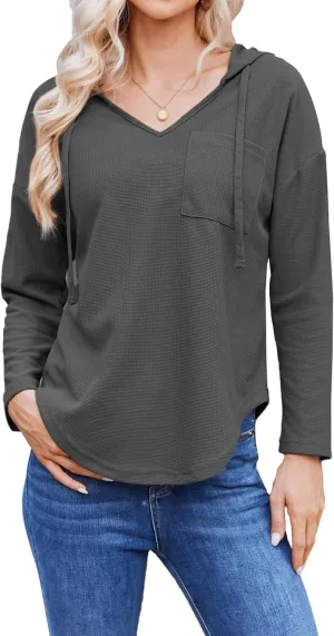 Womens Hoodies Long Sleeve Sweatshirts Pullover Top V Neck Drawstring Shirts With Pocket Loose Casual