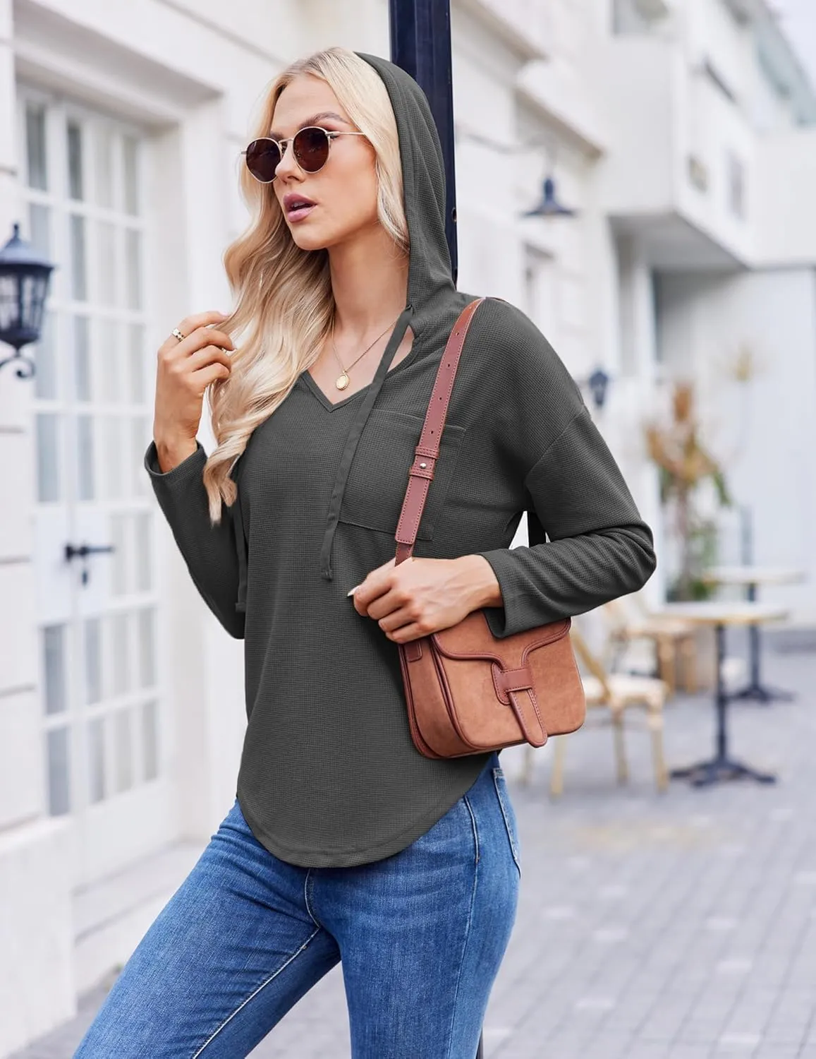 Womens Hoodies Long Sleeve Sweatshirts Pullover Top V Neck Drawstring Shirts With Pocket Loose Casual