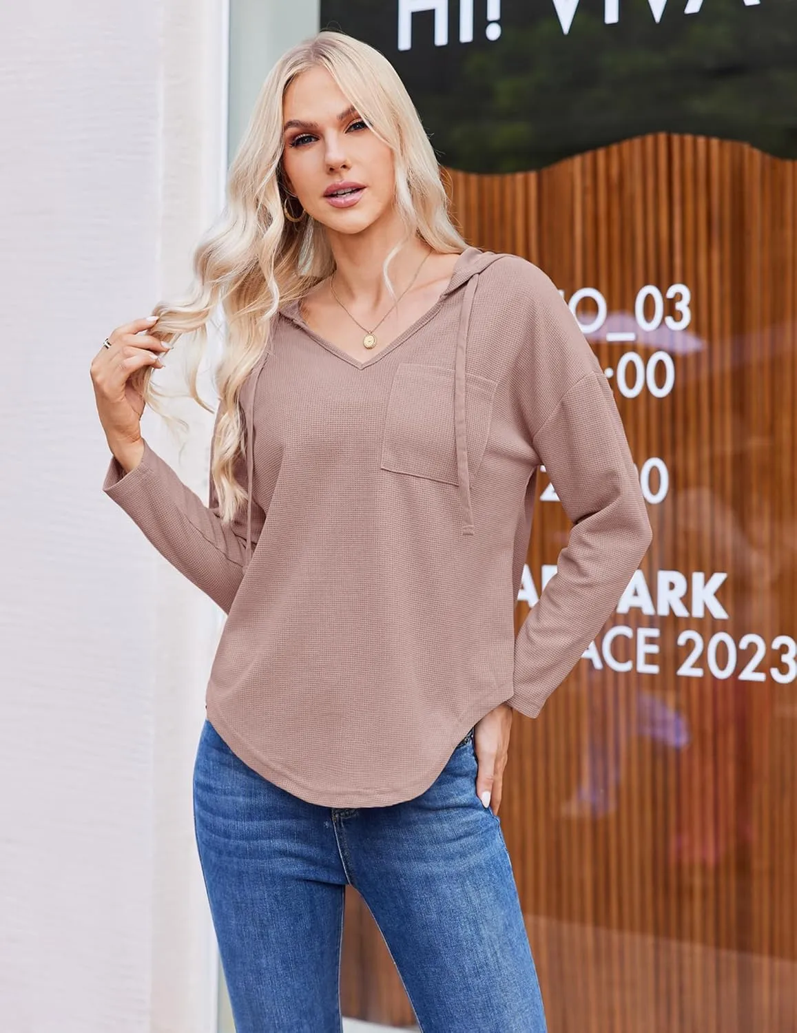 Womens Hoodies Long Sleeve Sweatshirts Pullover Top V Neck Drawstring Shirts With Pocket Loose Casual