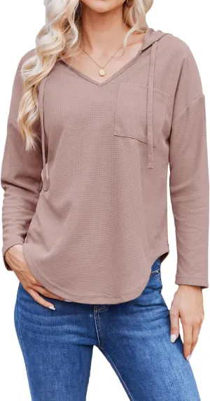 Womens Hoodies Long Sleeve Sweatshirts Pullover Top V Neck Drawstring Shirts With Pocket Loose Casual