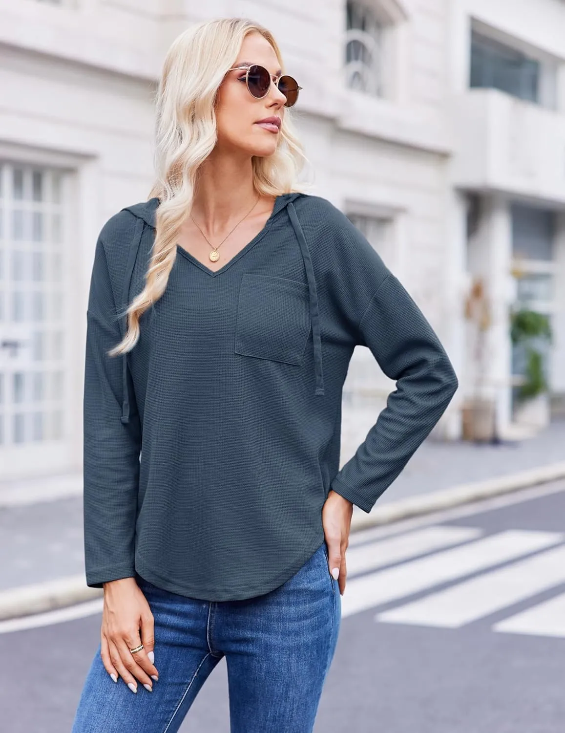 Womens Hoodies Long Sleeve Sweatshirts Pullover Top V Neck Drawstring Shirts With Pocket Loose Casual