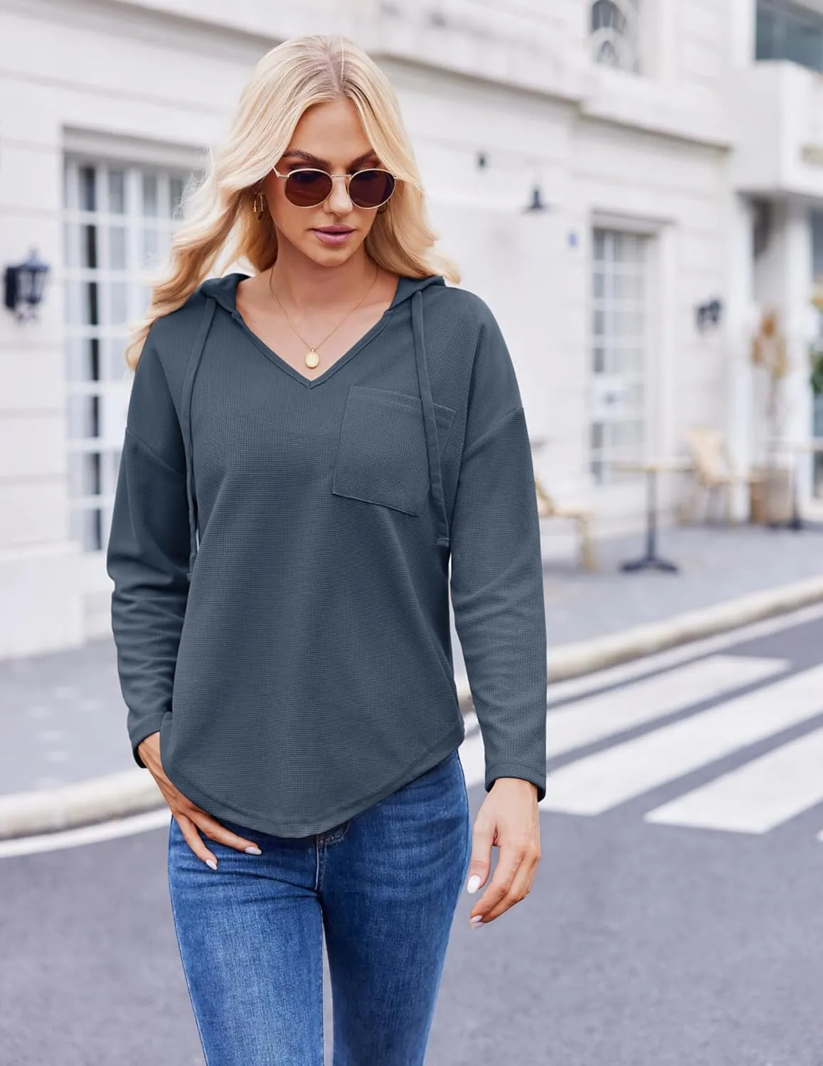Womens Hoodies Long Sleeve Sweatshirts Pullover Top V Neck Drawstring Shirts With Pocket Loose Casual