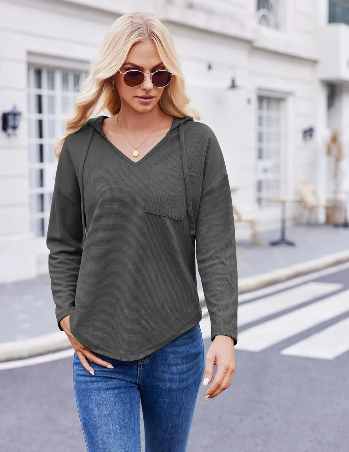 Womens Hoodies Long Sleeve Sweatshirts Pullover Top V Neck Drawstring Shirts With Pocket Loose Casual