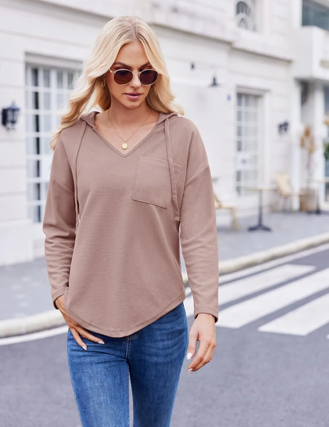 Womens Hoodies Long Sleeve Sweatshirts Pullover Top V Neck Drawstring Shirts With Pocket Loose Casual