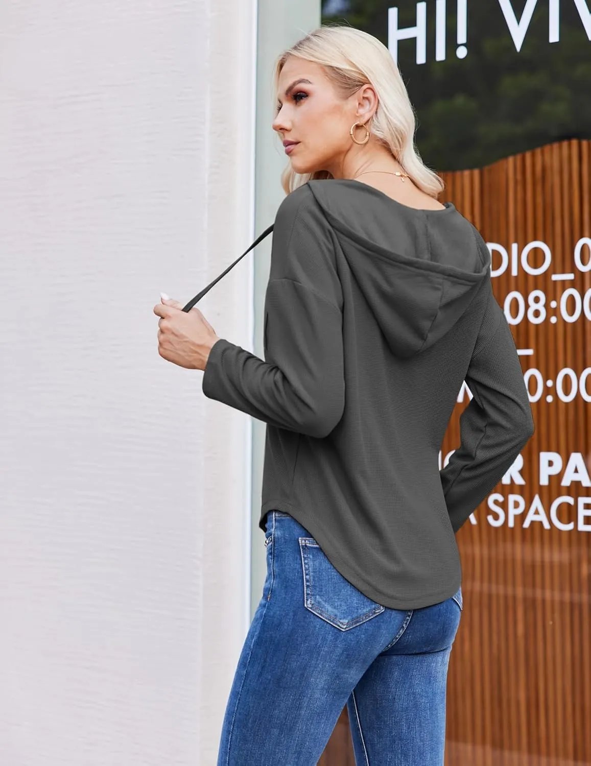 Womens Hoodies Long Sleeve Sweatshirts Pullover Top V Neck Drawstring Shirts With Pocket Loose Casual