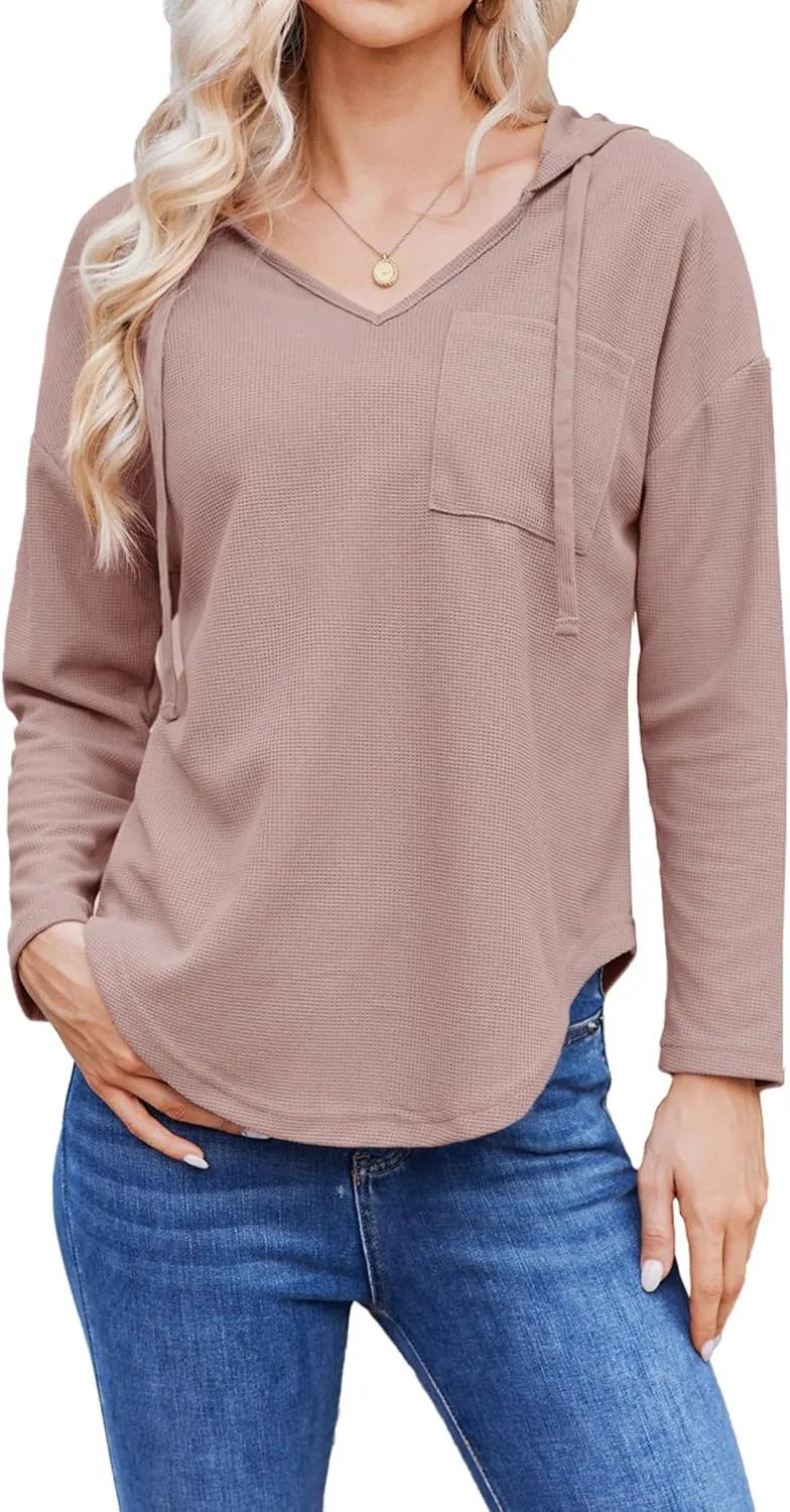 Womens Hoodies Long Sleeve Sweatshirts Pullover Top V Neck Drawstring Shirts With Pocket Loose Casual