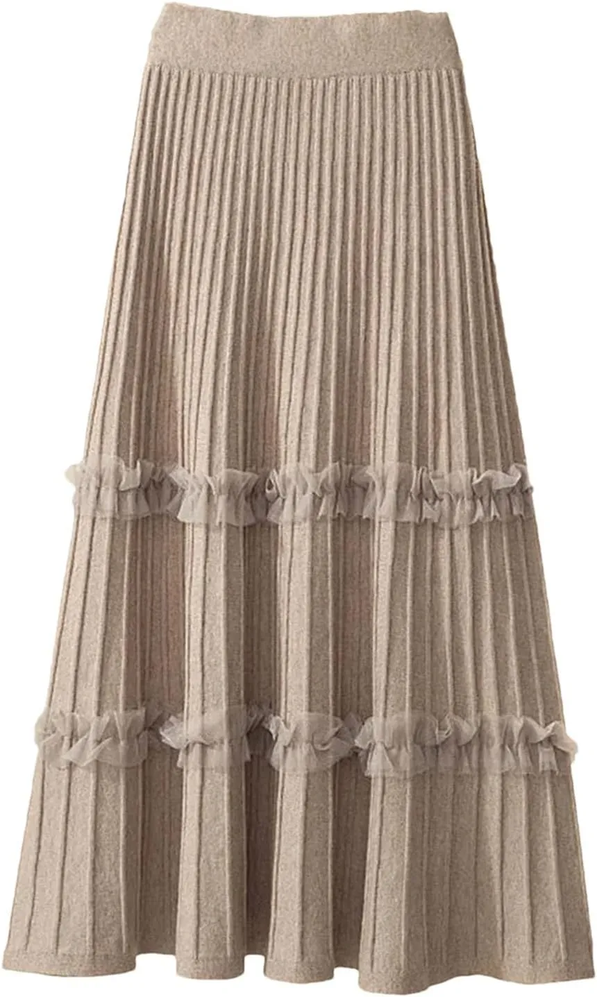 Women's Knitted Midi Pleated Skirt Solid Skirt A-Line Long Skirt Winter High Waist Skirt