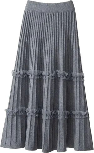 Women's Knitted Midi Pleated Skirt Solid Skirt A-Line Long Skirt Winter High Waist Skirt