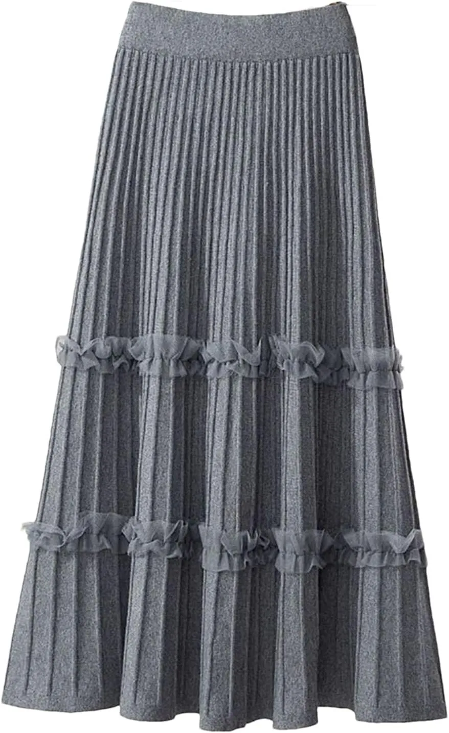 Women's Knitted Midi Pleated Skirt Solid Skirt A-Line Long Skirt Winter High Waist Skirt