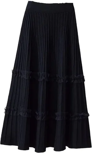 Women's Knitted Midi Pleated Skirt Solid Skirt A-Line Long Skirt Winter High Waist Skirt