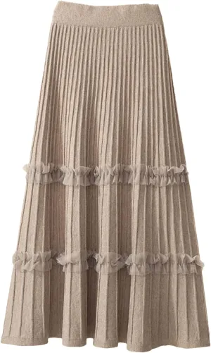 Women's Knitted Midi Pleated Skirt Solid Skirt A-Line Long Skirt Winter High Waist Skirt