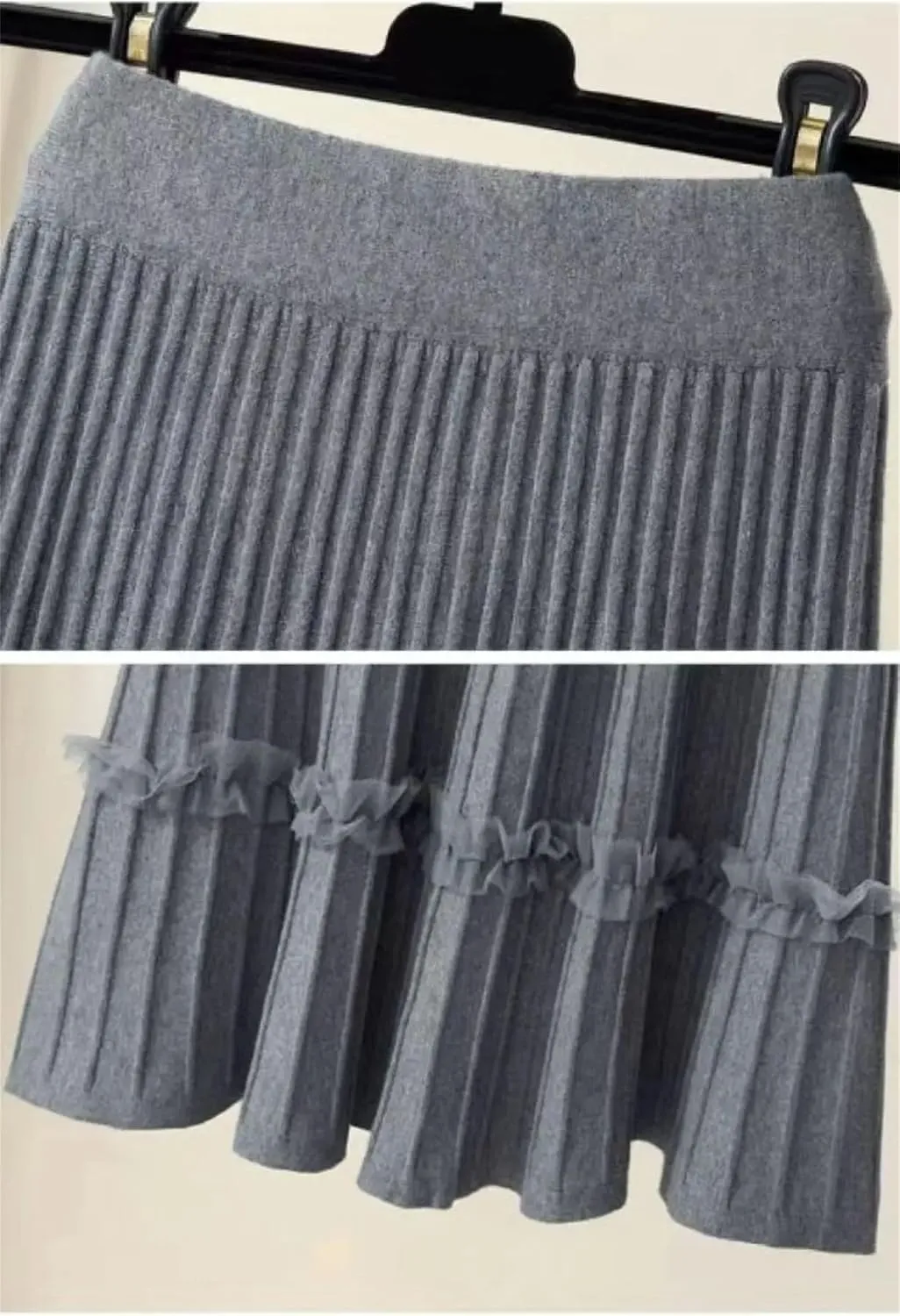 Women's Knitted Midi Pleated Skirt Solid Skirt A-Line Long Skirt Winter High Waist Skirt