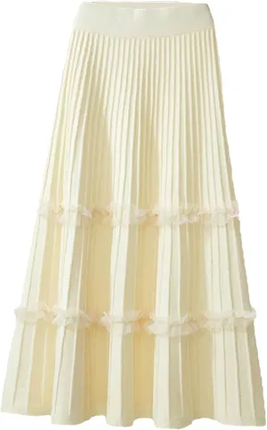 Women's Knitted Midi Pleated Skirt Solid Skirt A-Line Long Skirt Winter High Waist Skirt