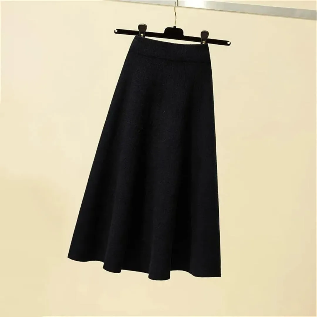 Women's Knitted Pleated Skirt Midi High Waist A-Line Sweater Skirt