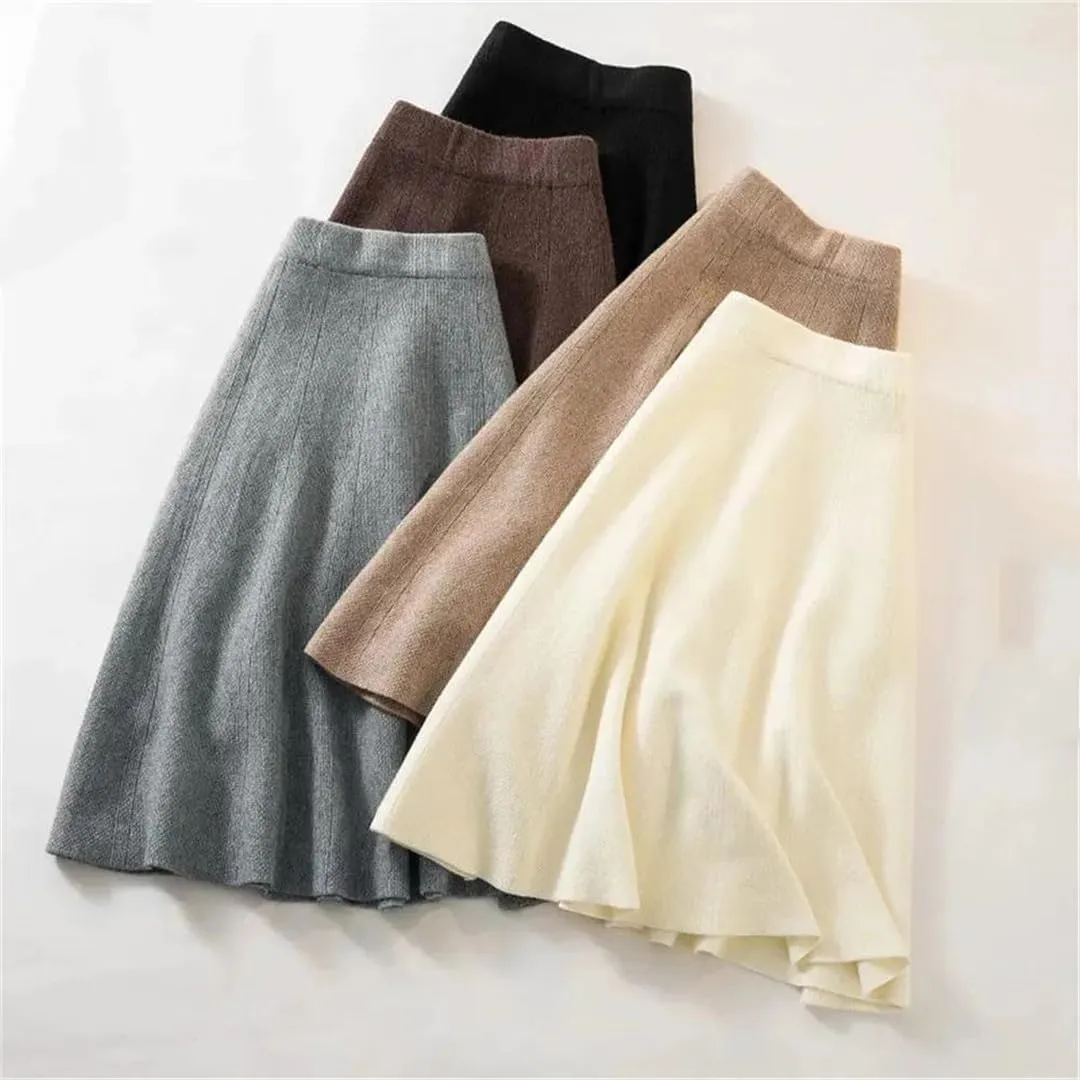 Women's Knitted Pleated Skirt Midi High Waist A-Line Sweater Skirt
