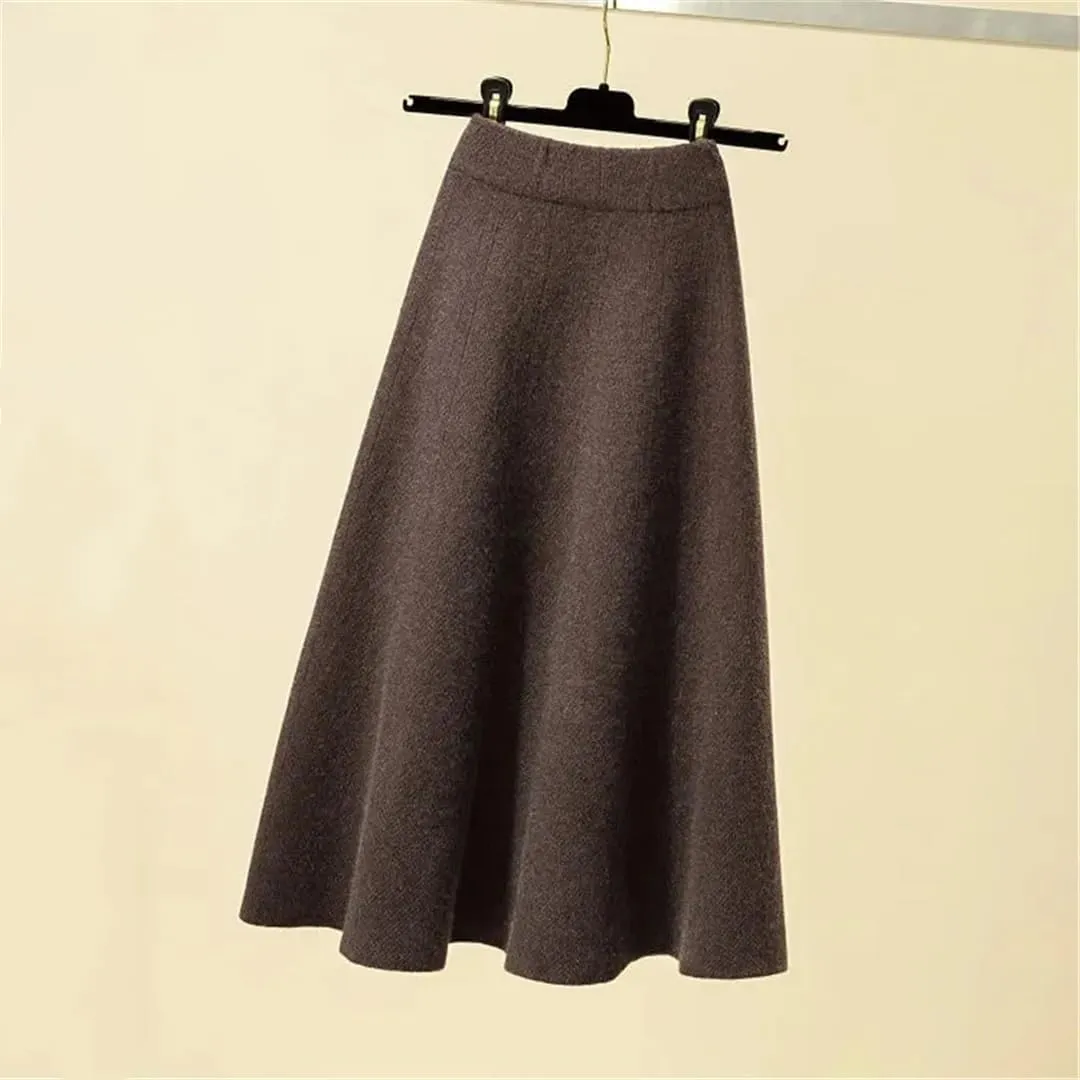 Women's Knitted Pleated Skirt Midi High Waist A-Line Sweater Skirt