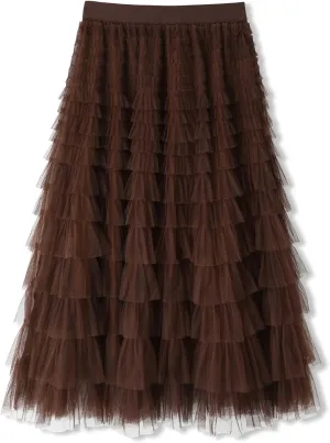 Womens Layered Ruffles Tulle Skirt Pleated High Waist Fluffy Maxi Skirt Fairy Cake Dress Long Tutu Party Skirt