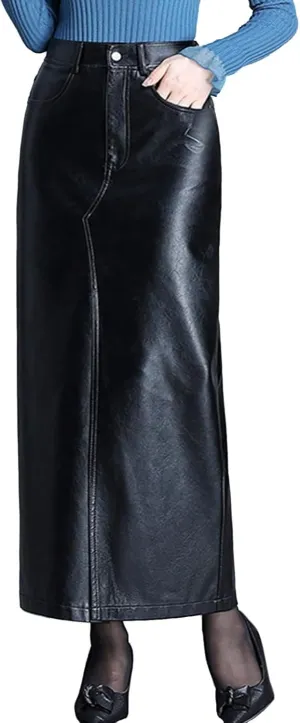 Women's Leather Bodycon Long Skirt Vintage High Waisted Pencil PU Leather Skirt with Slit