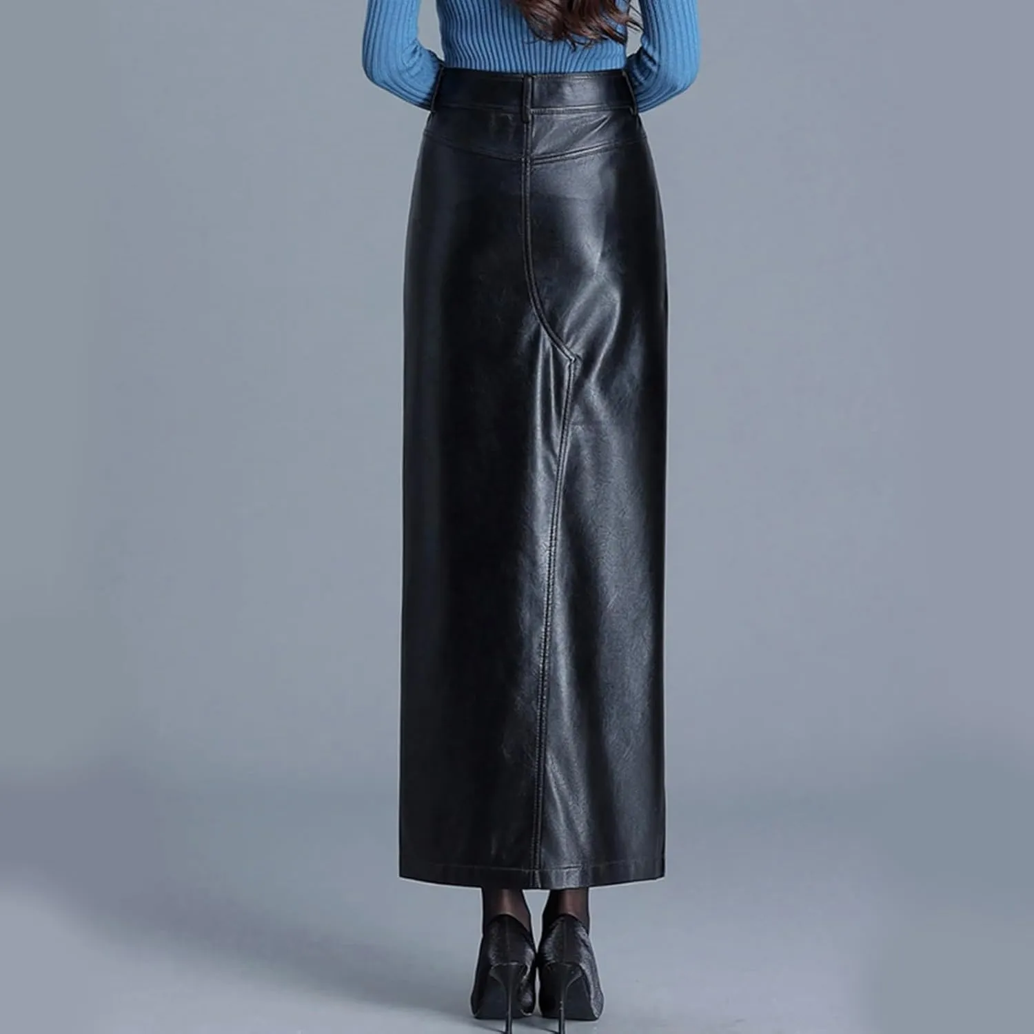 Women's Leather Bodycon Long Skirt Vintage High Waisted Pencil PU Leather Skirt with Slit