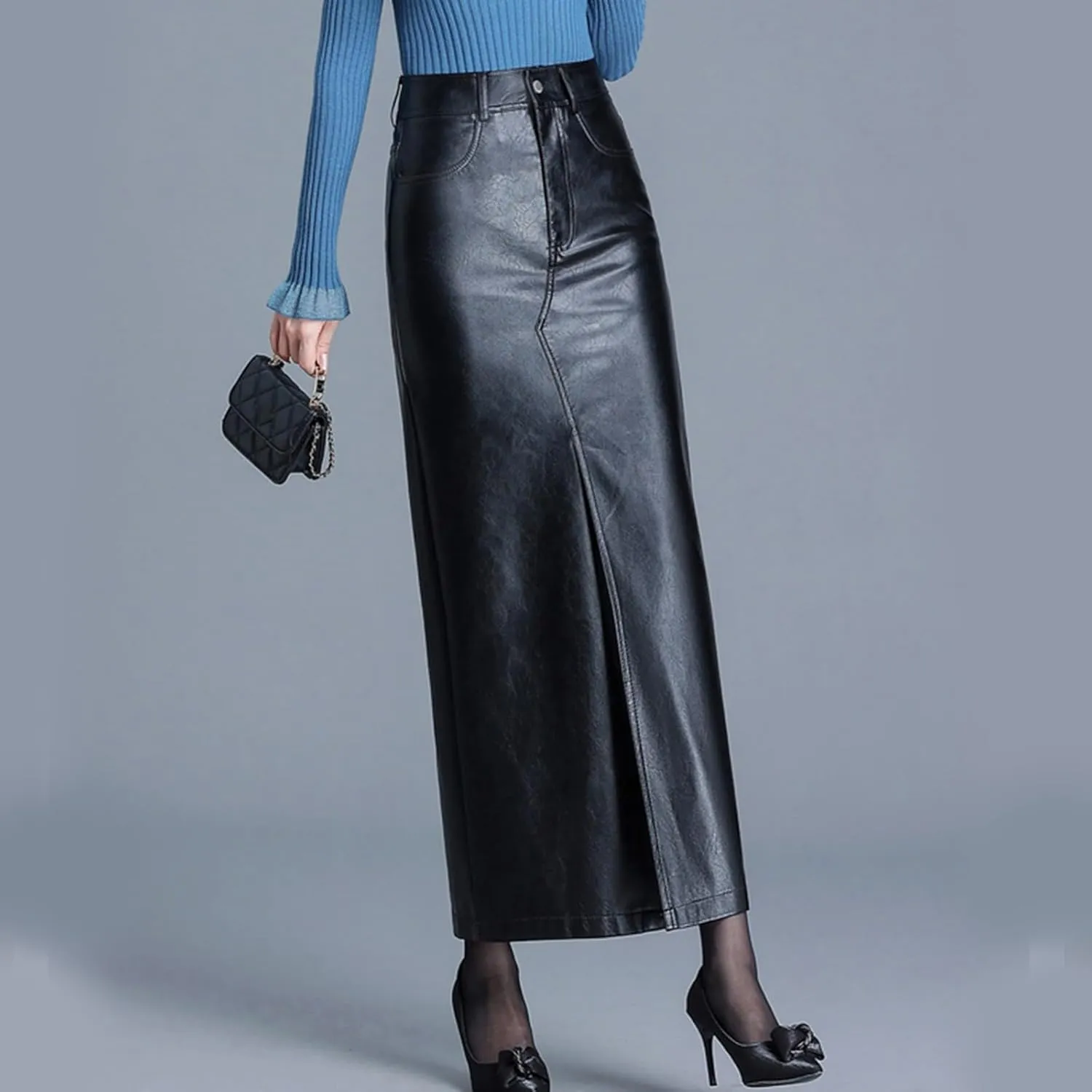 Women's Leather Bodycon Long Skirt Vintage High Waisted Pencil PU Leather Skirt with Slit