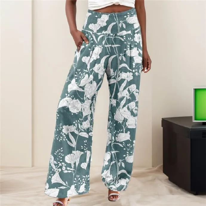 Women's Linen Palazzo Pants Boho Floral Wide Leg Lounge Pant Casual Flowy High Waist Trousers Yoga Pants with Pockets