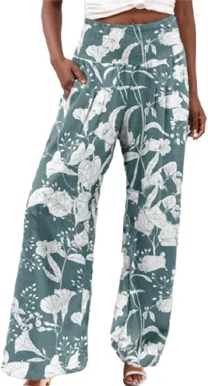 Women's Linen Palazzo Pants Boho Floral Wide Leg Lounge Pant Casual Flowy High Waist Trousers Yoga Pants with Pockets