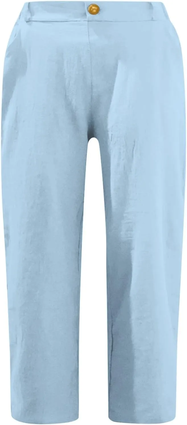 Womens Linen Pants Casual Loose High Waist Summer Beach Travel Vacation Harem Trousers Capri Cropped with Pockets