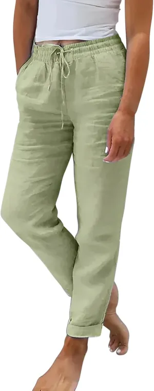 Womens Linen Pants High Waist Loose Fit Summer Straight Pants Drawstring Elastic Oversize Solid Color Casual Trouser