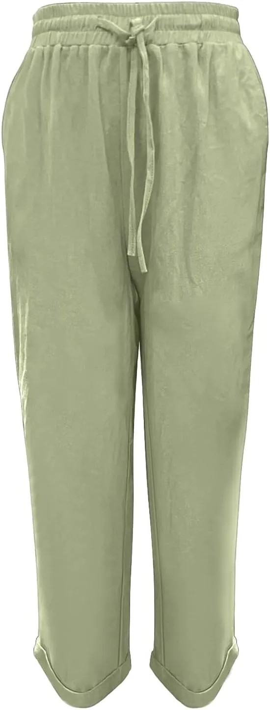 Womens Linen Pants High Waist Loose Fit Summer Straight Pants Drawstring Elastic Oversize Solid Color Casual Trouser