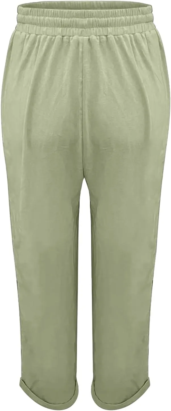 Womens Linen Pants High Waist Loose Fit Summer Straight Pants Drawstring Elastic Oversize Solid Color Casual Trouser